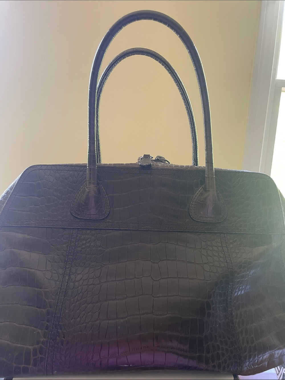 Prada vintage Crocodile-Embossed Structured Satchel -dark brown